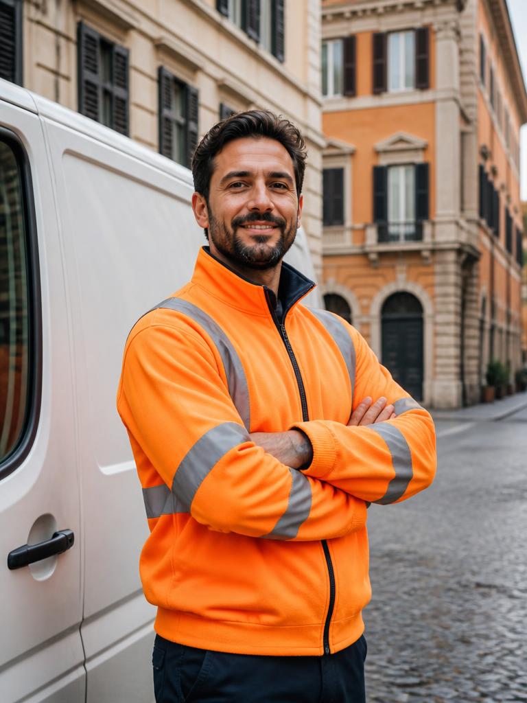 Operatore in giubbotto alta visibilità accanto al furgone dell'azienda